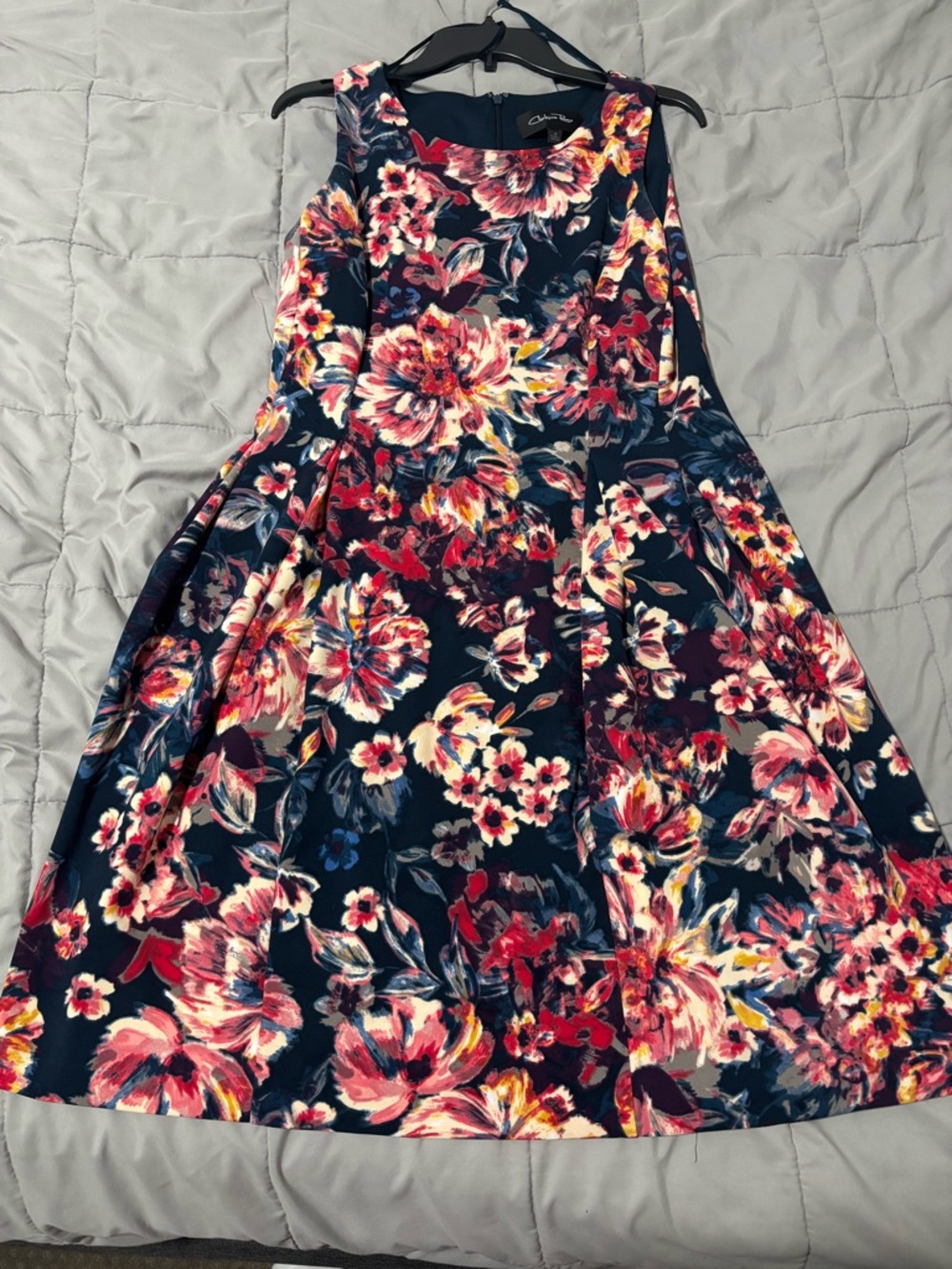 Floral Fit-and-Flare Dress in Navy and Pink